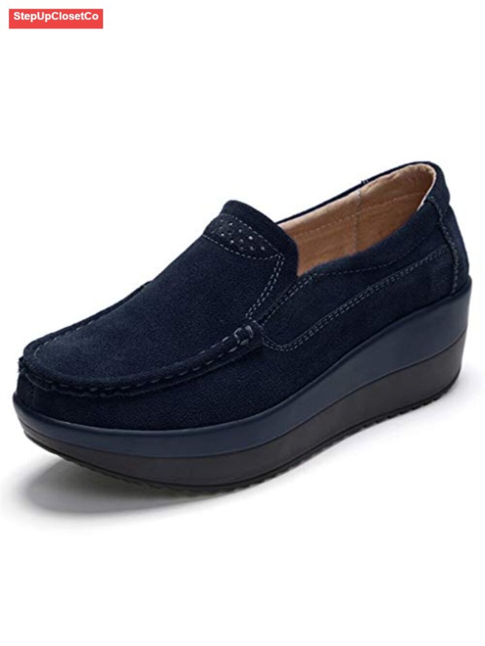 Women's Suede Platform Loafers Slip-On Comfort Wedge Shoes